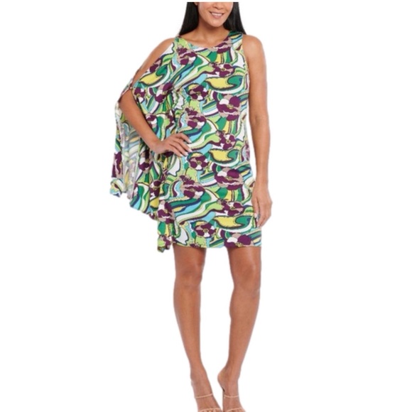 Coldesina Lesley Dress Womens Drape Sleeve Midi Size M MOD Twiggy Print Disco - Picture 1 of 14